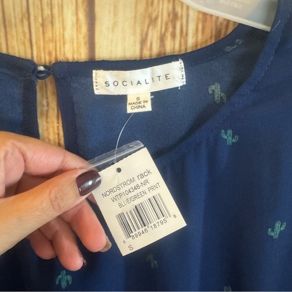 Socialite Women Long Sleeve Cactus Printed Navy Chiffon Knot Front Blouse Small - Picture 11 of 12